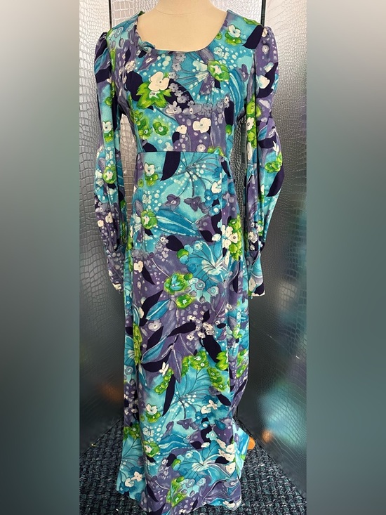 Dresses & Skirts - Vintage Long Sleeve Floral Maxi Dress in Teal, Purple & Lime
